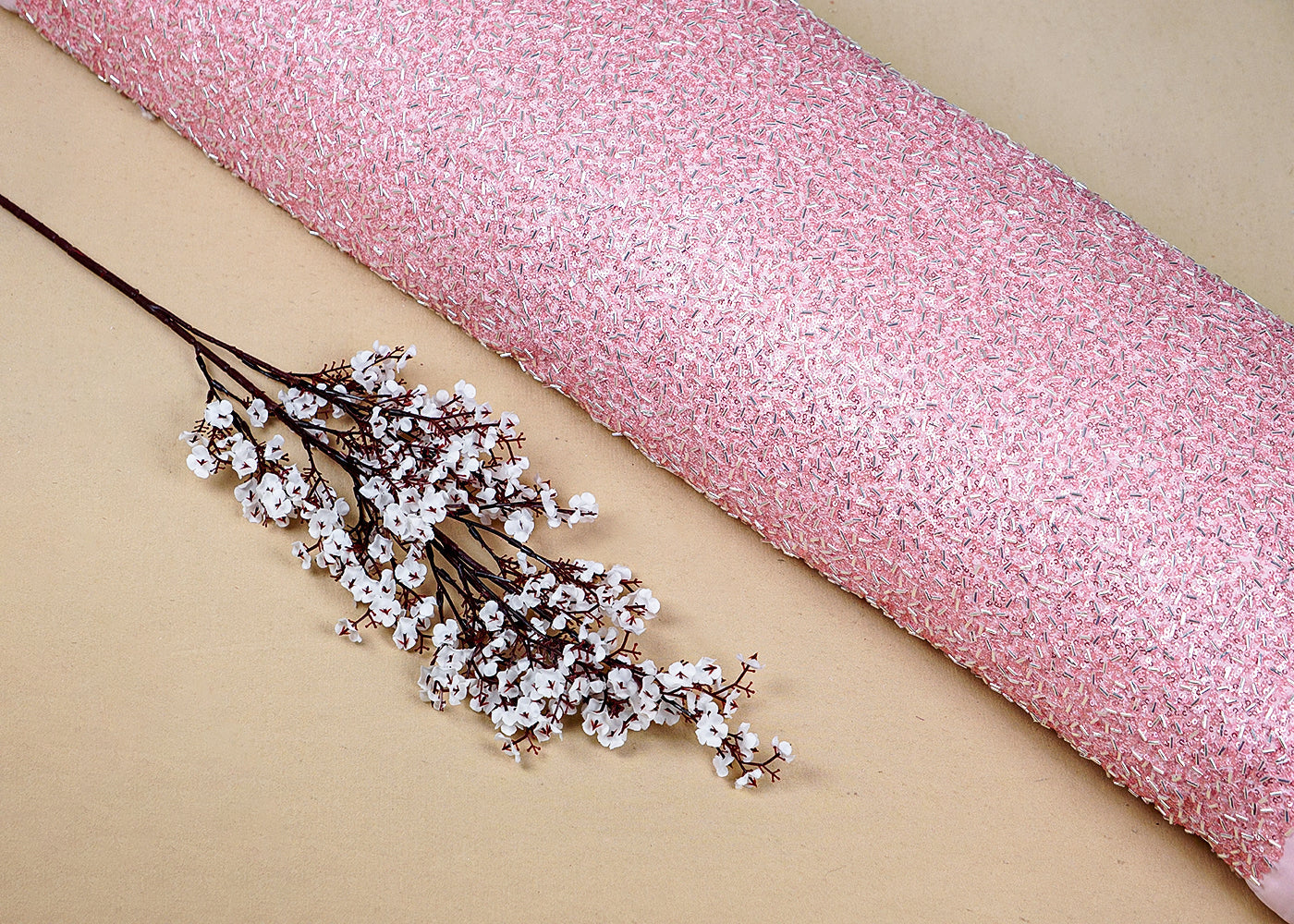 Pastel Pink Georgette Fabric With All Over Bead And Sequins Work 16318