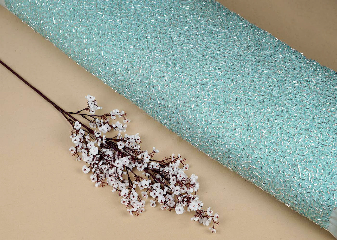 Pastel Blue Georgette Fabric With All Over Bead And Sequins Work 16320