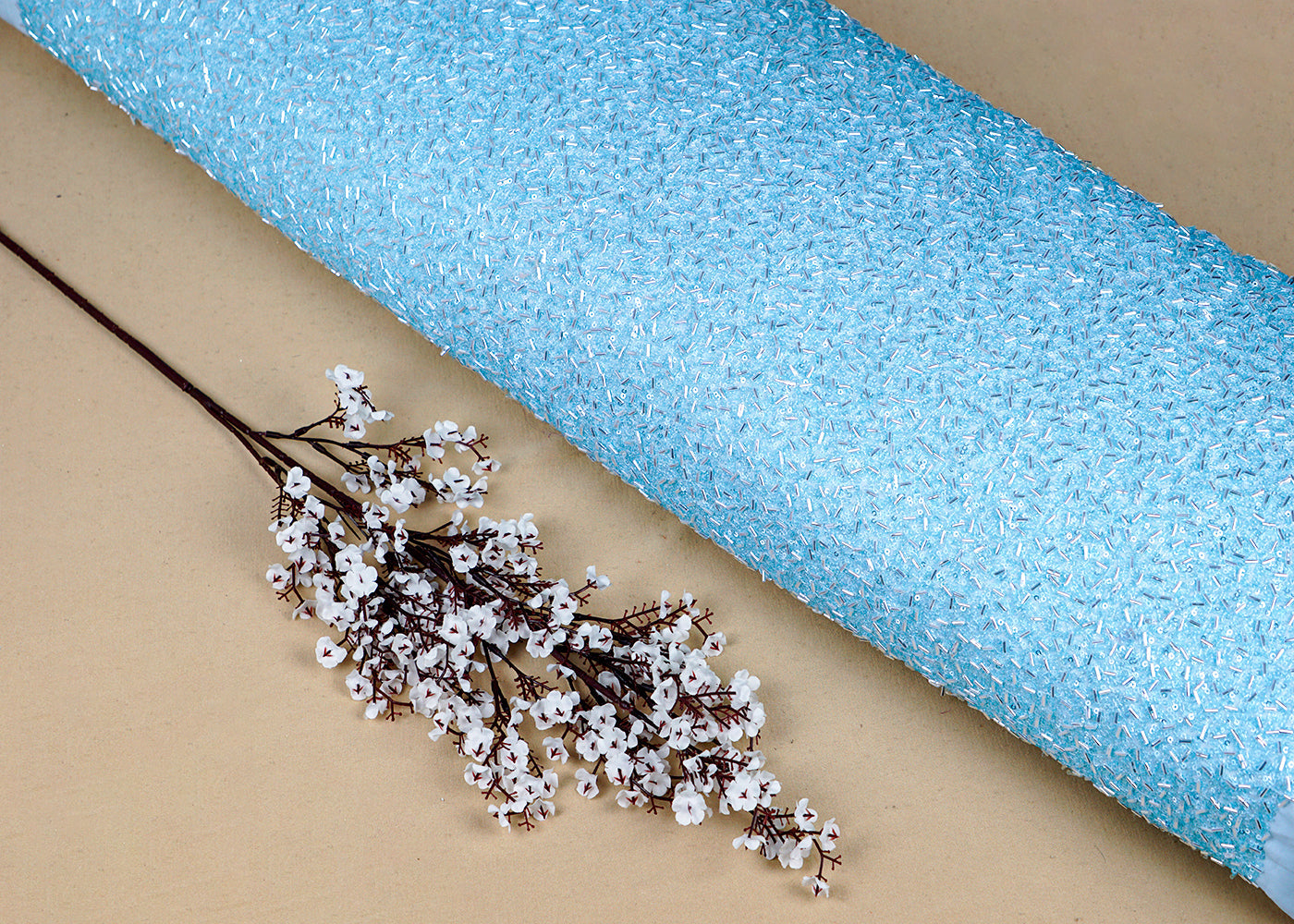 Pastel Blue Georgette Fabric With All Over Bead And Sequins Work 16320