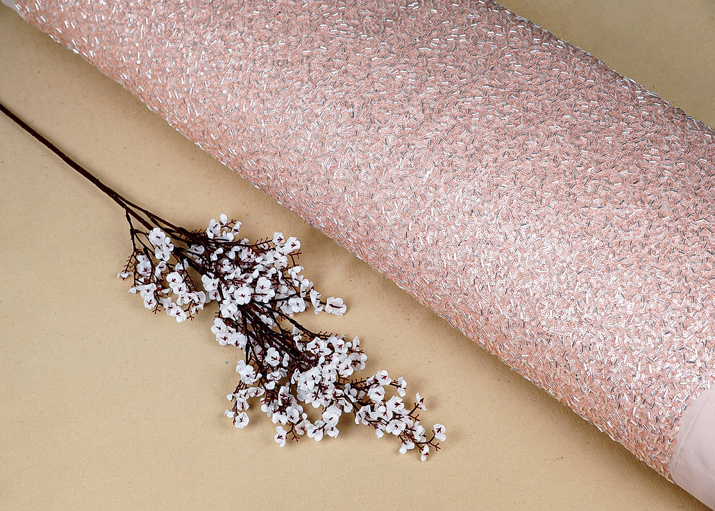 Peach Georgette Fabric With All Over Bead And Sequins Work 16321