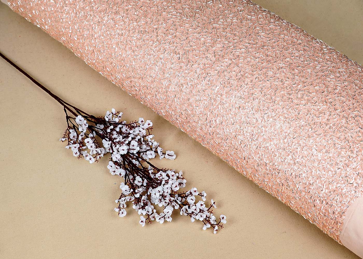 Peach Georgette Fabric With All Over Bead And Sequins Work 16321