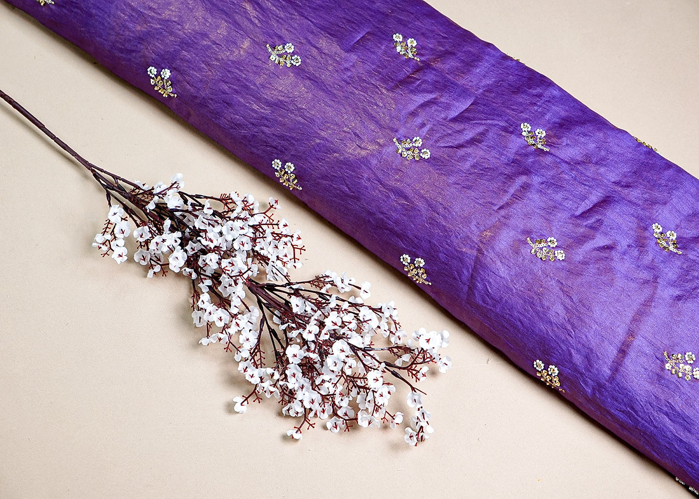 Purple Diamond Silk Fabric With All Over Buti Of Sequins, Katdana And Bead Work 16327