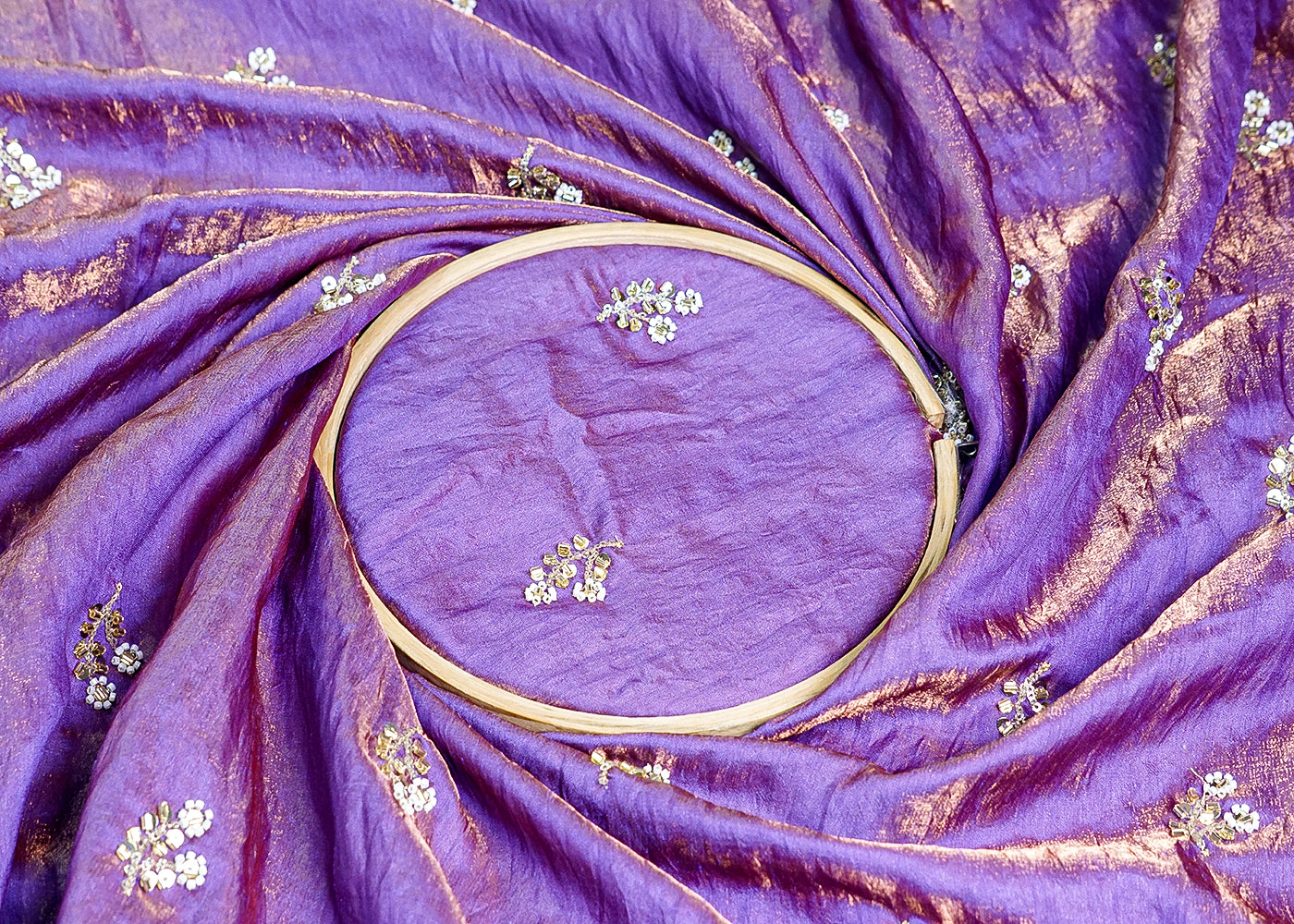 Purple Diamond Silk Fabric With All Over Buti Of Sequins, Katdana And Bead Work 16327