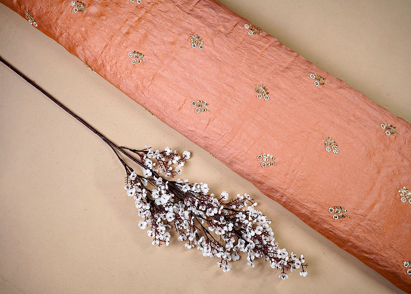 Peach Diamond Silk Fabric With All Over Buti Of Sequins, Katdana And Bead Work 16328