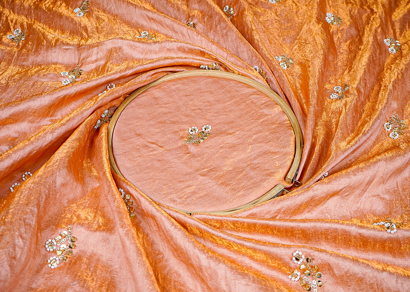 Peach Diamond Silk Fabric With All Over Buti Of Sequins, Katdana And Bead Work 16328