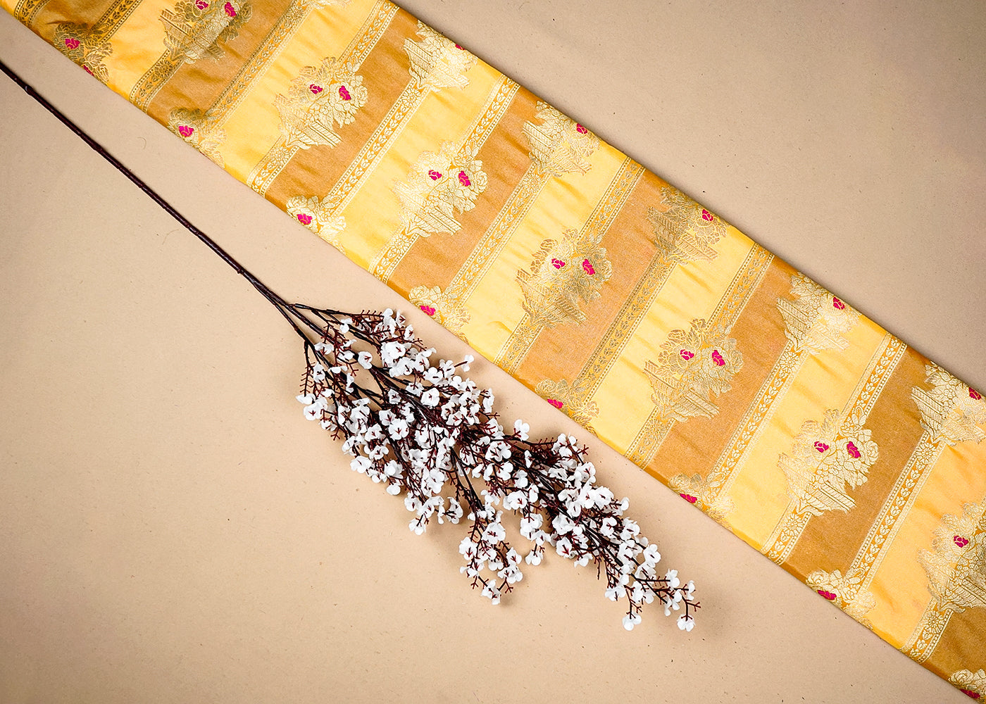 Yellow Banarasi Brocade Fabric With All Over Thread And Golden Zari Handloom 16329