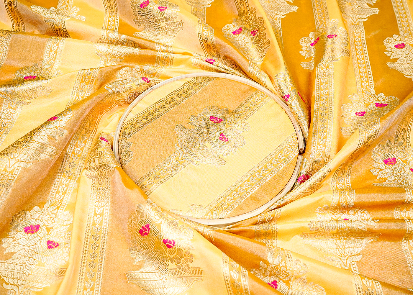 Yellow Banarasi Brocade Fabric With All Over Thread And Golden Zari Handloom 16329