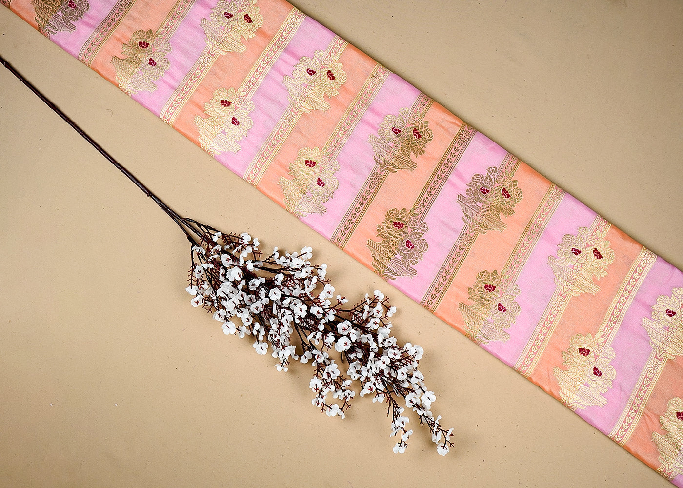 Peach Banarasi Brocade Fabric With All Over Thread And Golden Zari Handloom 16330