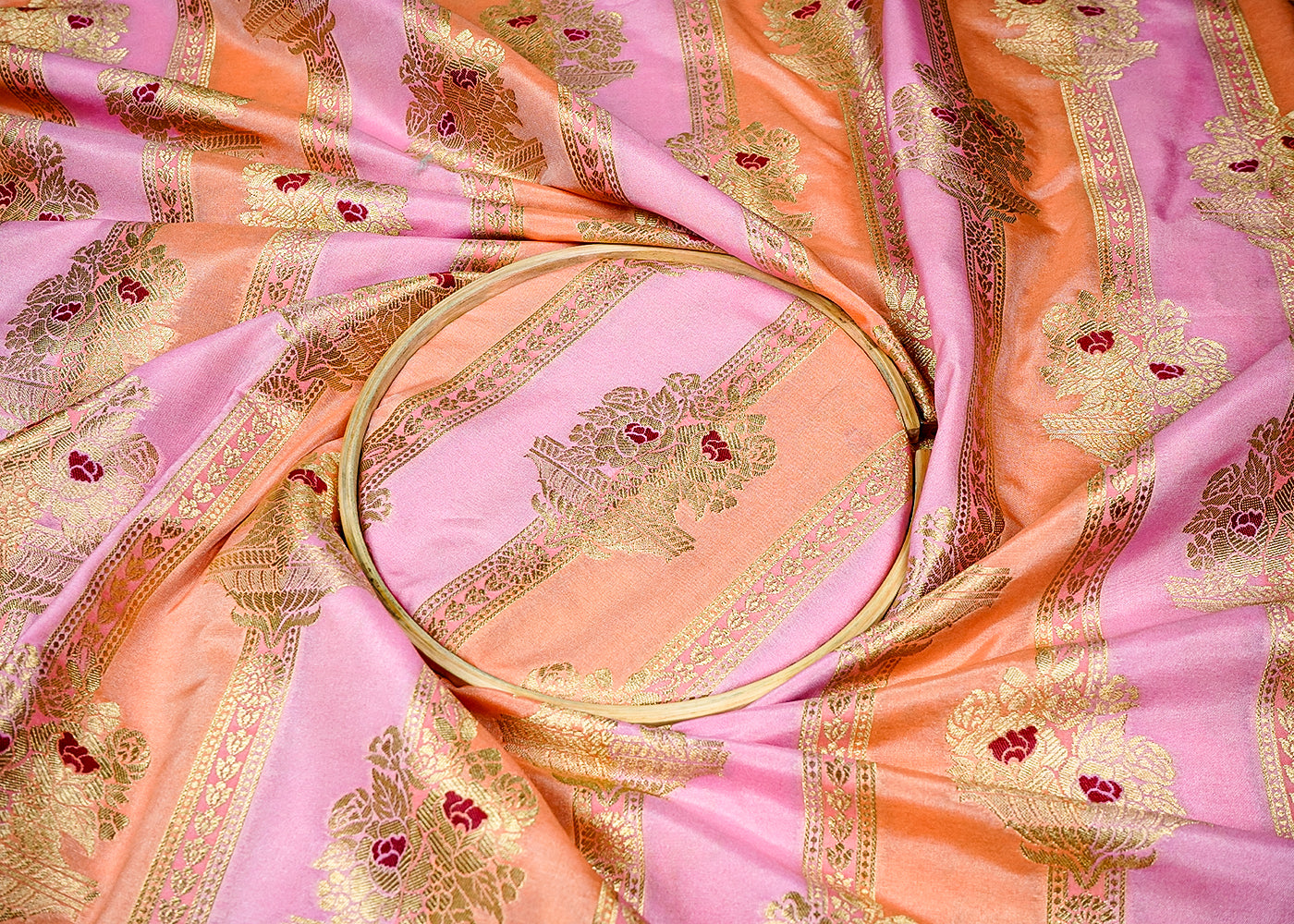 Peach Banarasi Brocade Fabric With All Over Thread And Golden Zari Handloom 16330