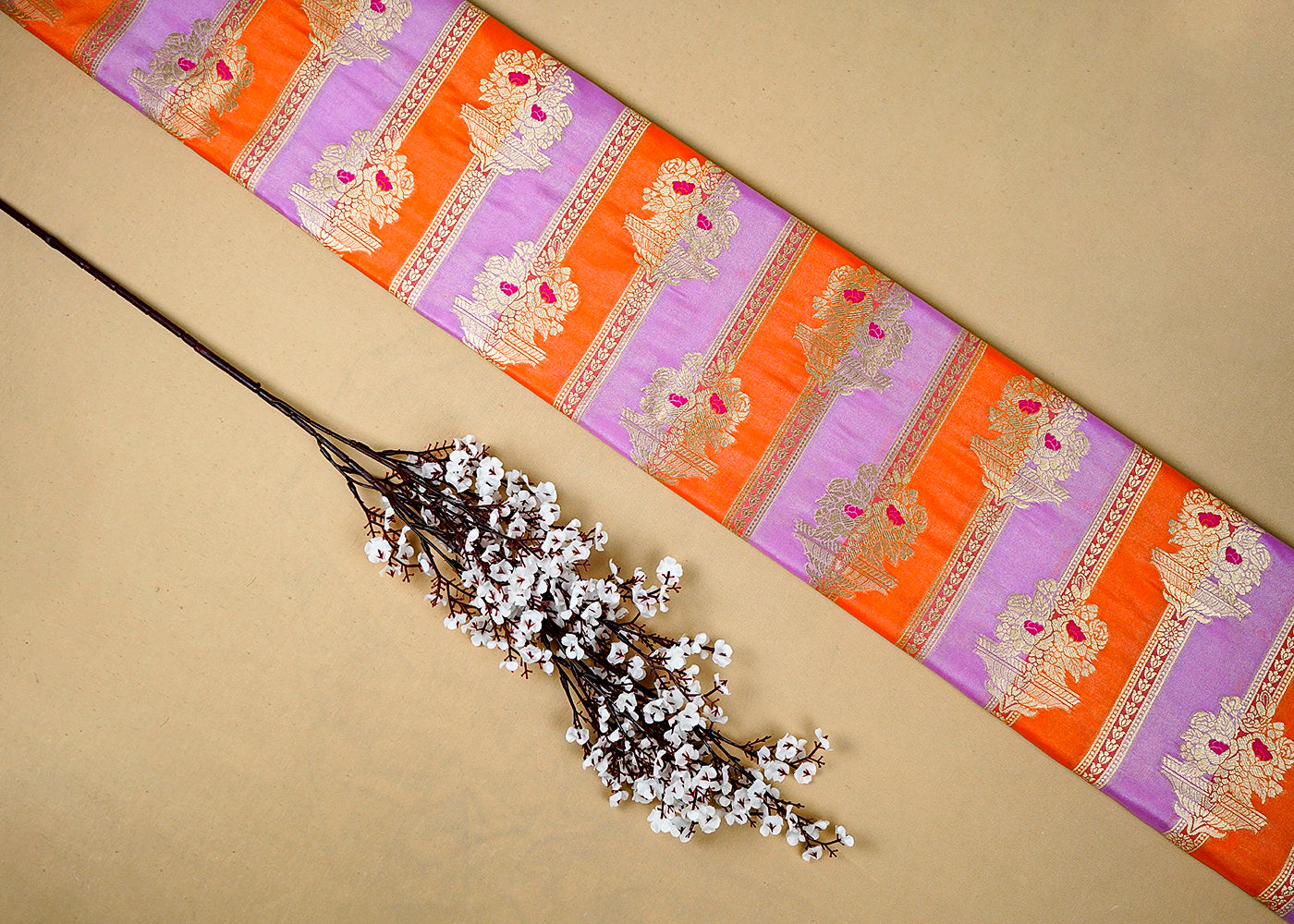 Lavender Banarasi Brocade Fabric With All Over Thread And Golden Zari Handloom 16331