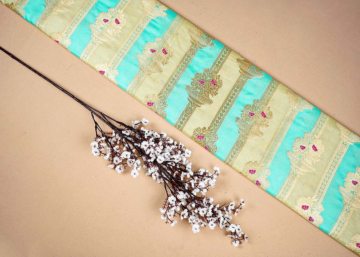 Mint Green Banarasi Brocade Fabric With All Over Thread And Golden Zari Handloom 16332