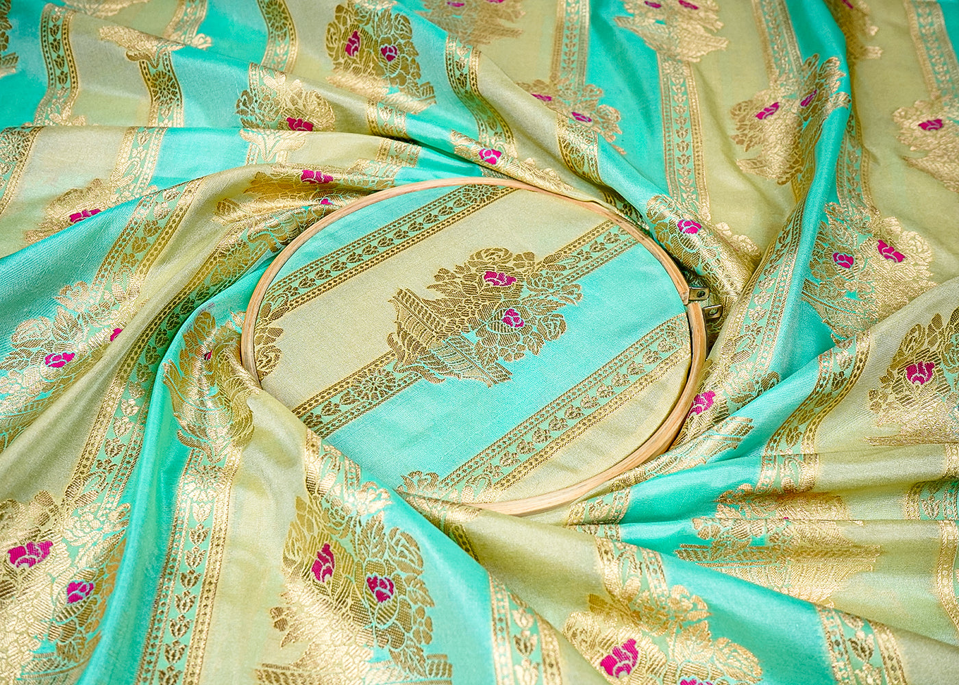 Mint Green Banarasi Brocade Fabric With All Over Thread And Golden Zari Handloom 16332