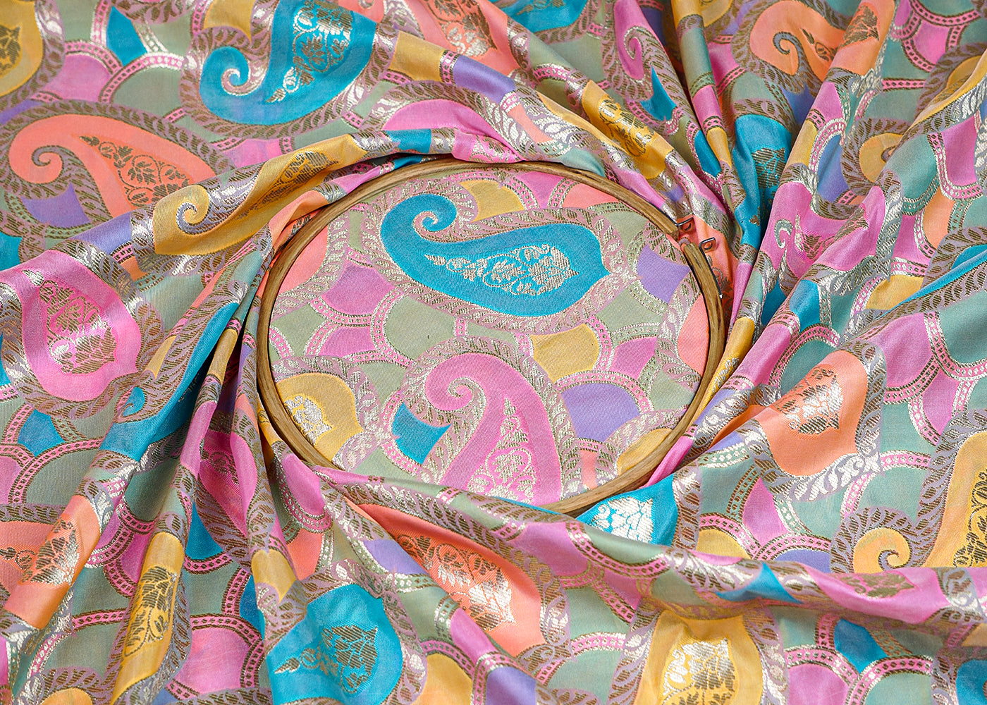 Pink Banarasi Brocade Fabric With All Over Golden Zari Handloom 16334