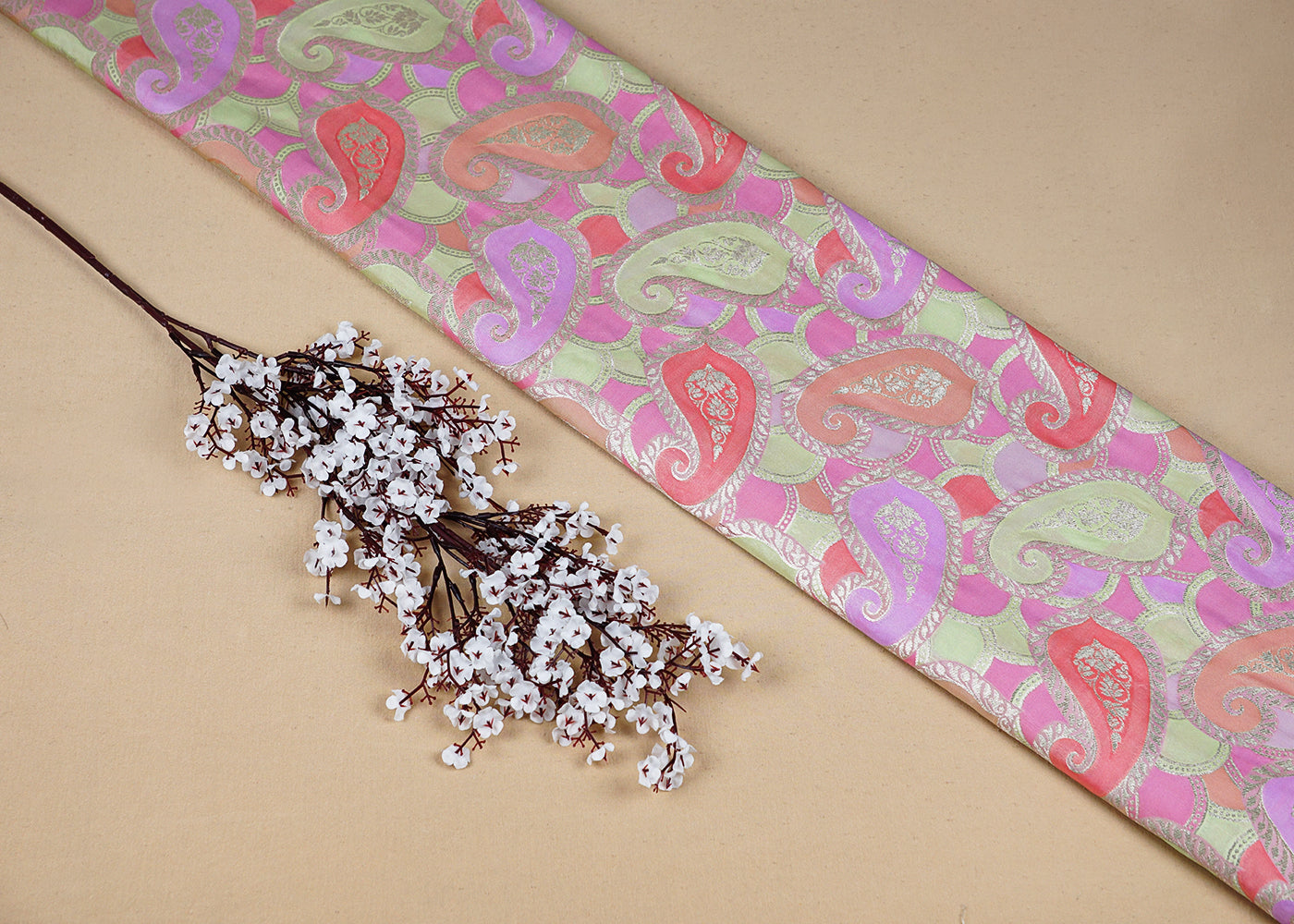 Pista Banarasi Brocade Fabric With All Over Golden Zari Handloom 16335