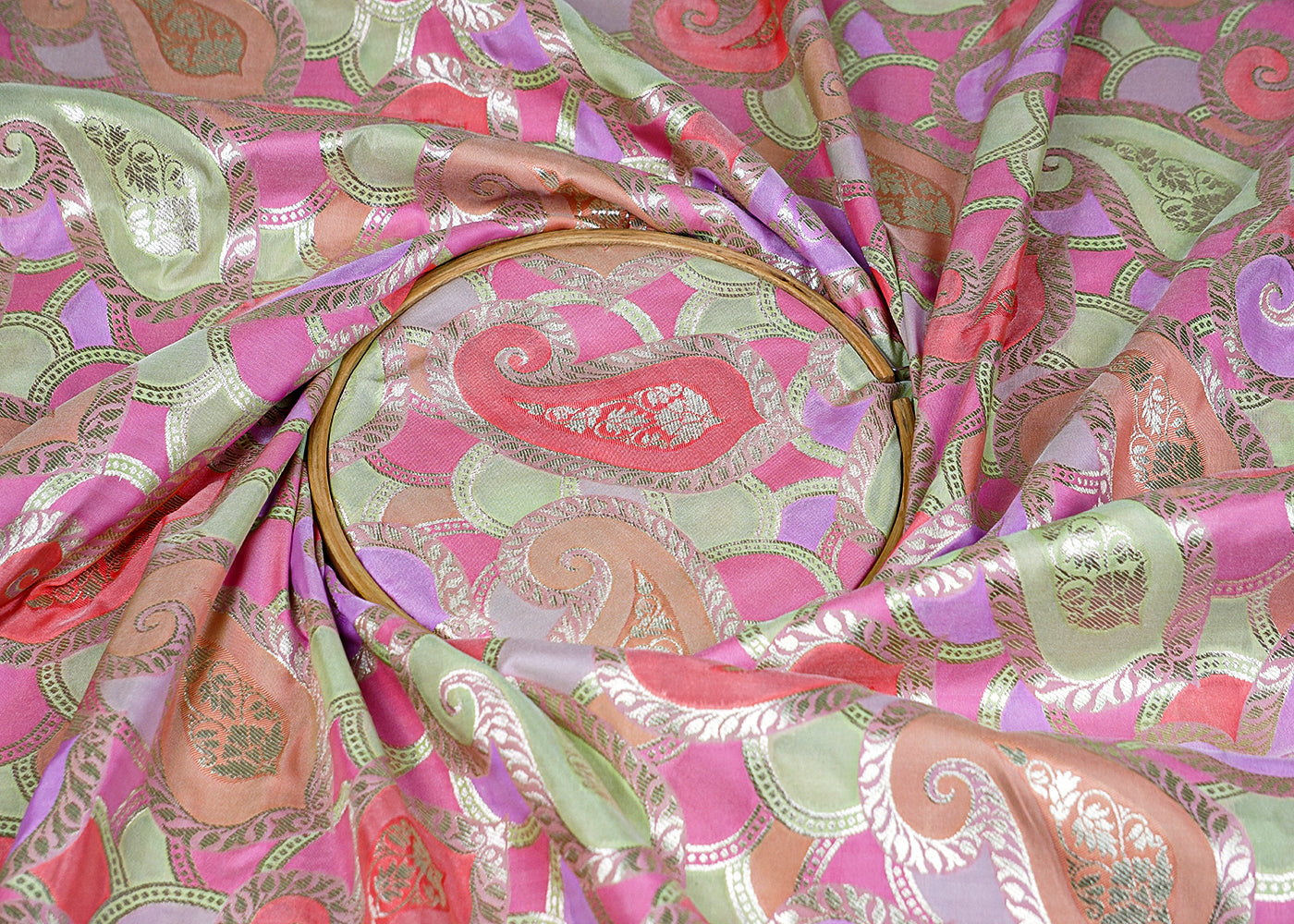 Pista Banarasi Brocade Fabric With All Over Golden Zari Handloom 16335