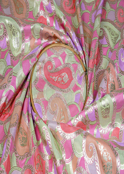 Pista Green Banarasi Brocade Fabric With All Over Golden Zari Handloom 16335