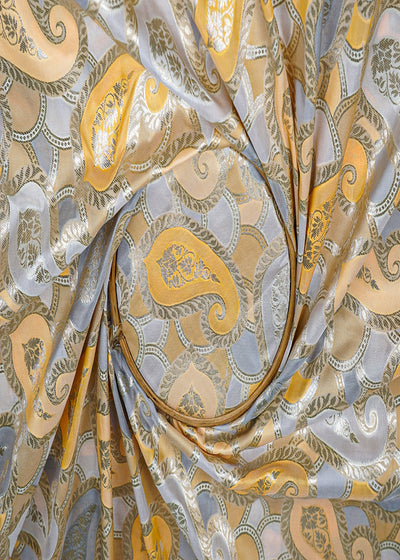 Yellow Banarasi Brocade Fabric With All Over Golden Zari Handloom 16336