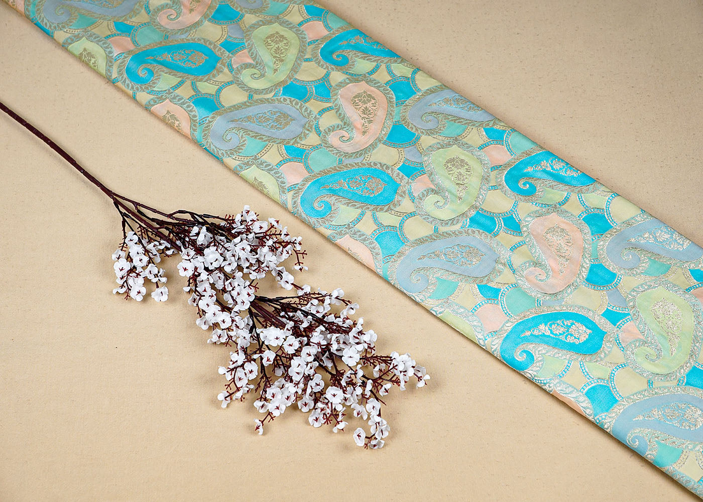 Sky Blue Banarasi Brocade Fabric With All Over Golden Zari Handloom 16337