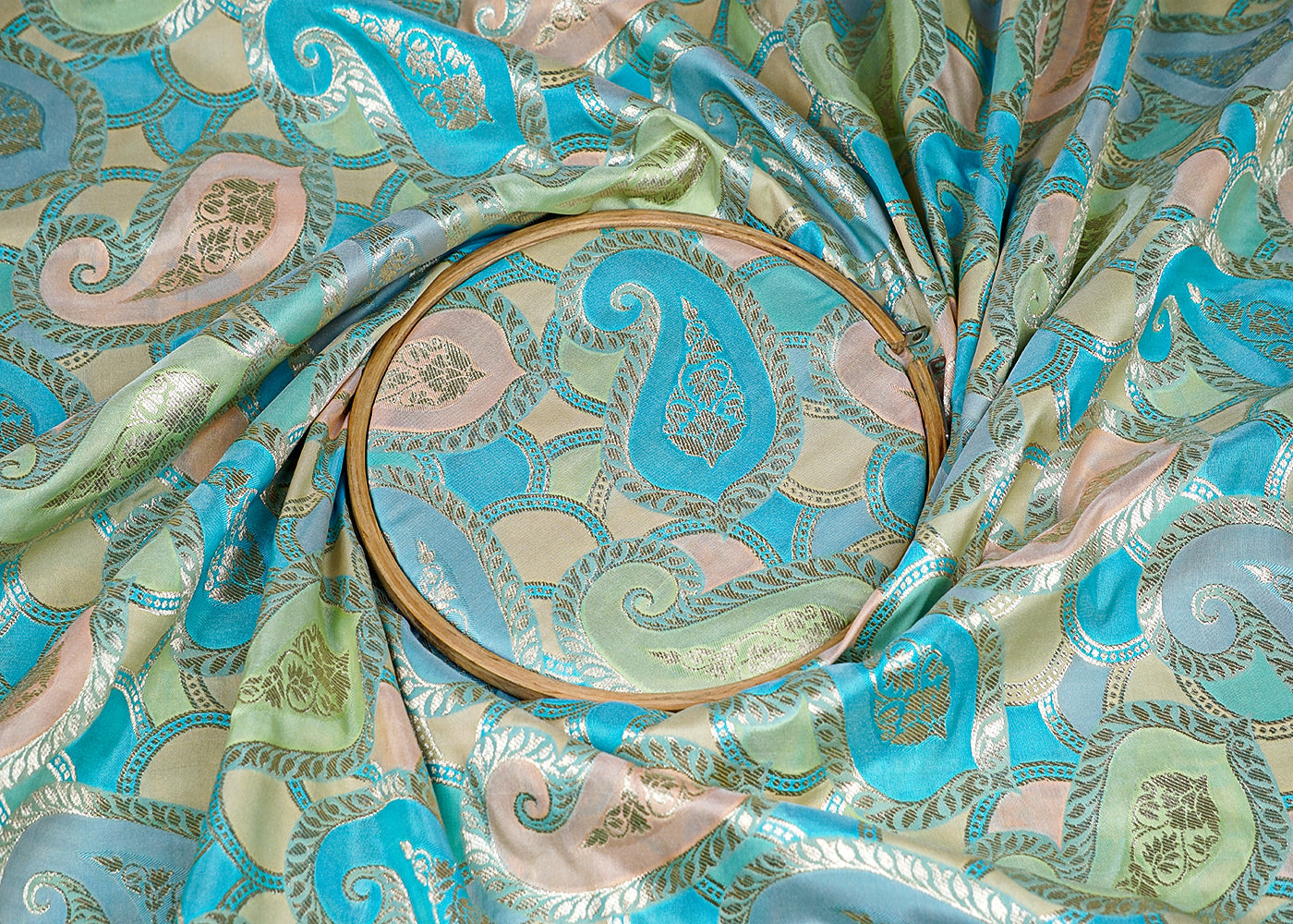 Sky Blue Banarasi Brocade Fabric With All Over Golden Zari Handloom 16337