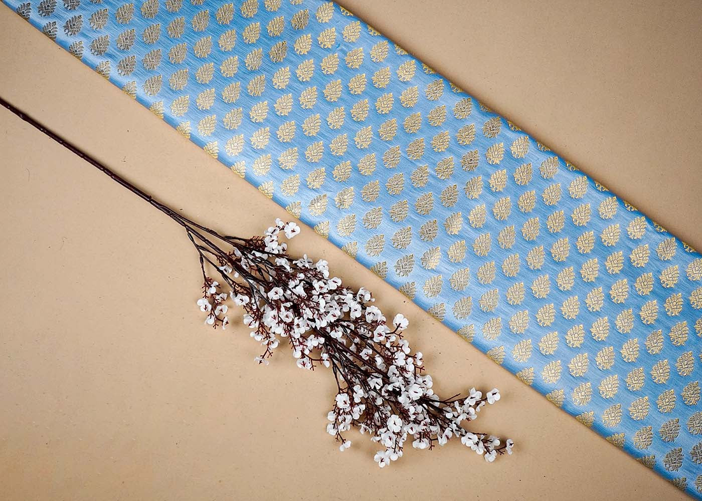 Blue Banarasi Brocade Fabric With All Over Golden Zari Handloom 16338