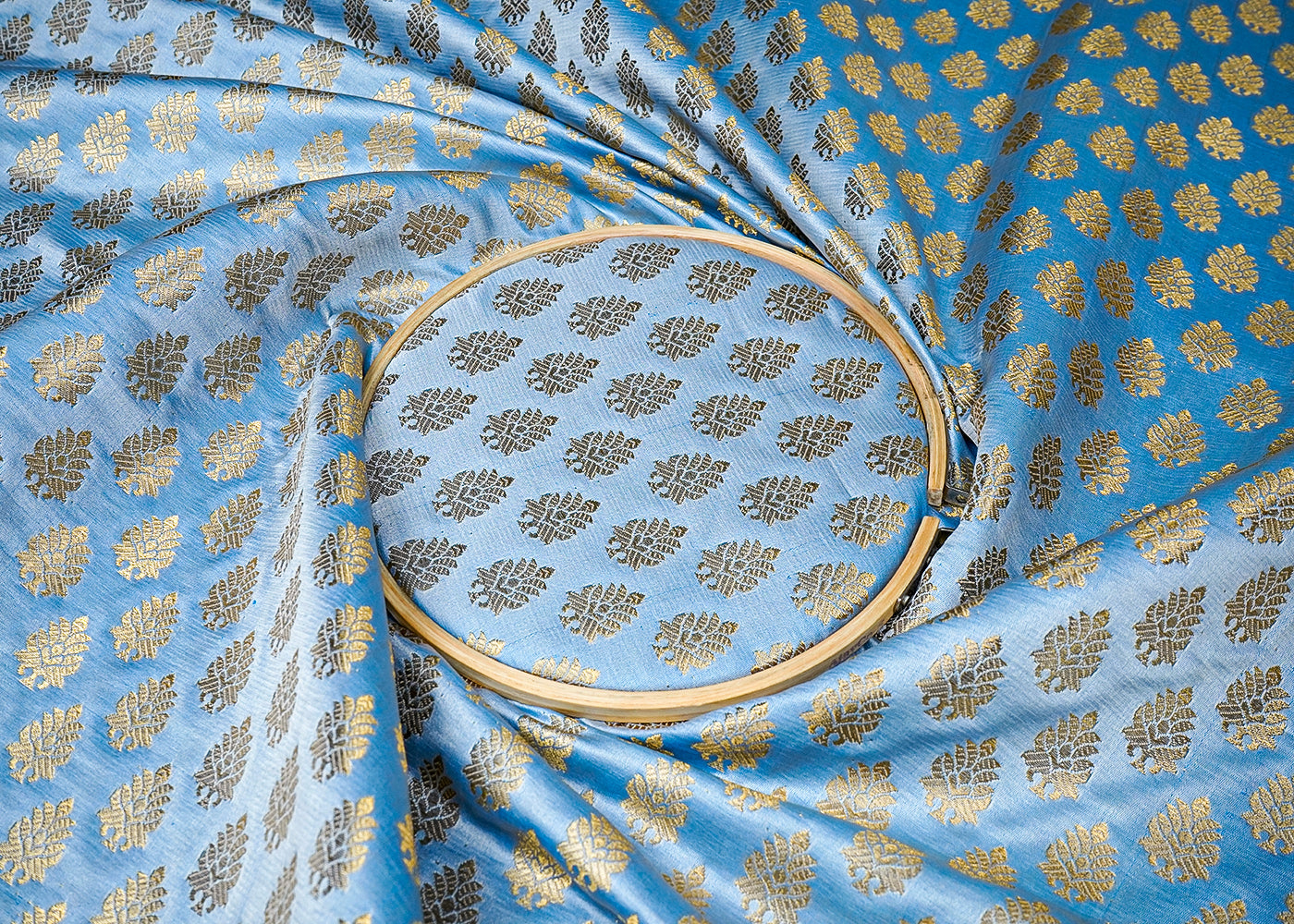 Blue Banarasi Brocade Fabric With All Over Golden Zari Handloom 16338