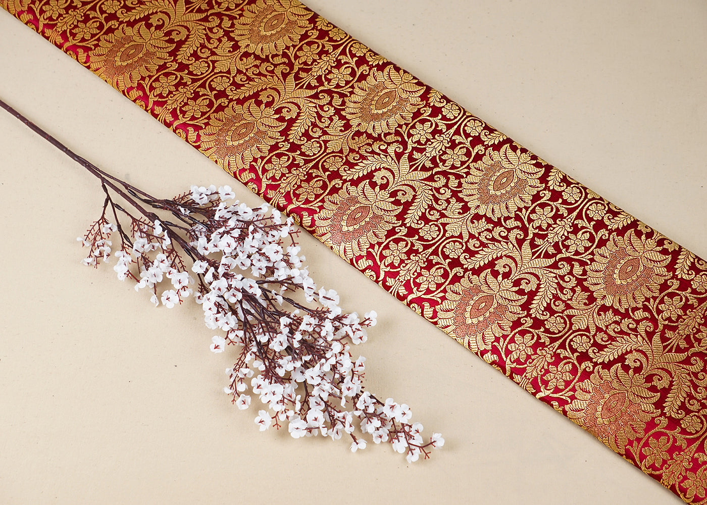 Wine Banarasi Brocade Fabric With All Over Golden Zari Handloom 16339