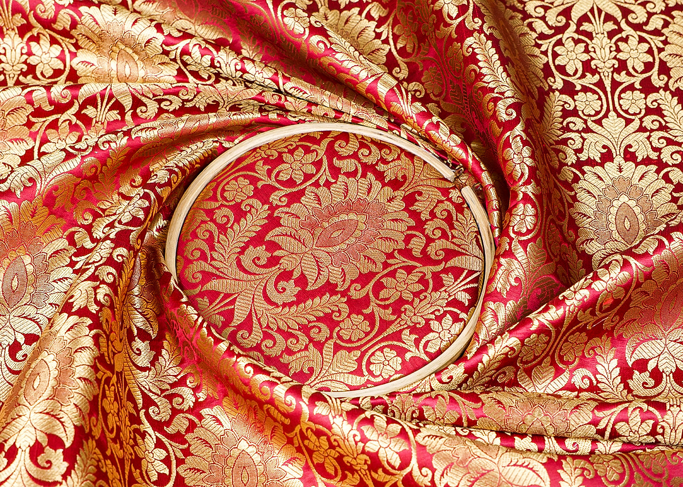 Wine Banarasi Brocade Fabric With All Over Golden Zari Handloom 16339
