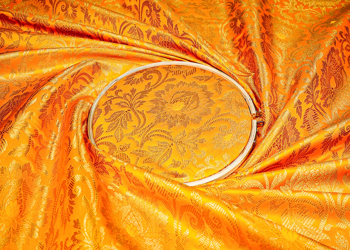 Yellow Banarasi Brocade Fabric With All Over Golden Zari Handloom 16340