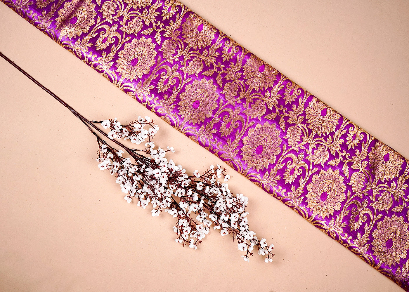 Purple Banarasi Brocade Fabric With All Over Golden Zari Handloom 16341