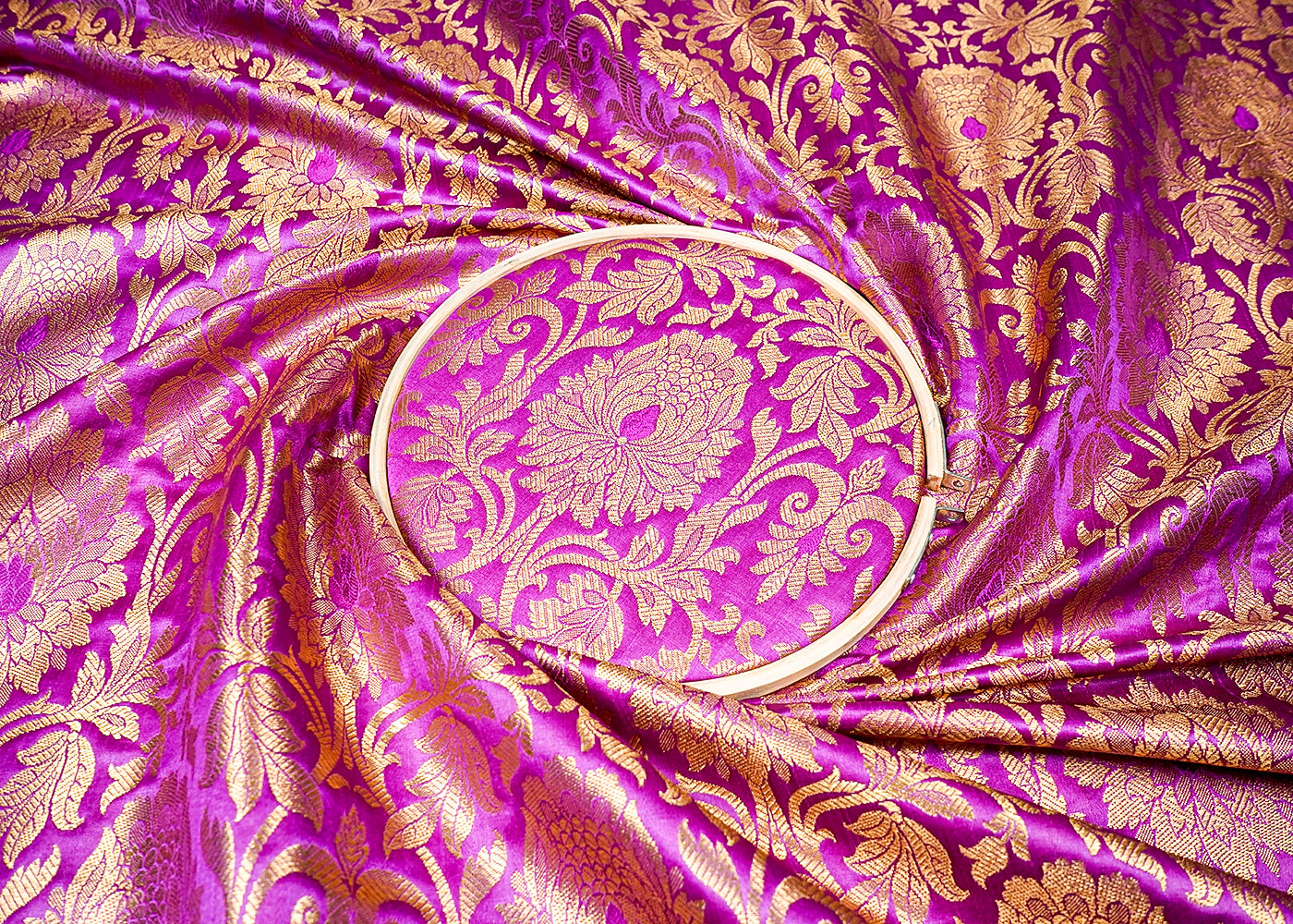 Purple Banarasi Brocade Fabric With All Over Golden Zari Handloom 16341