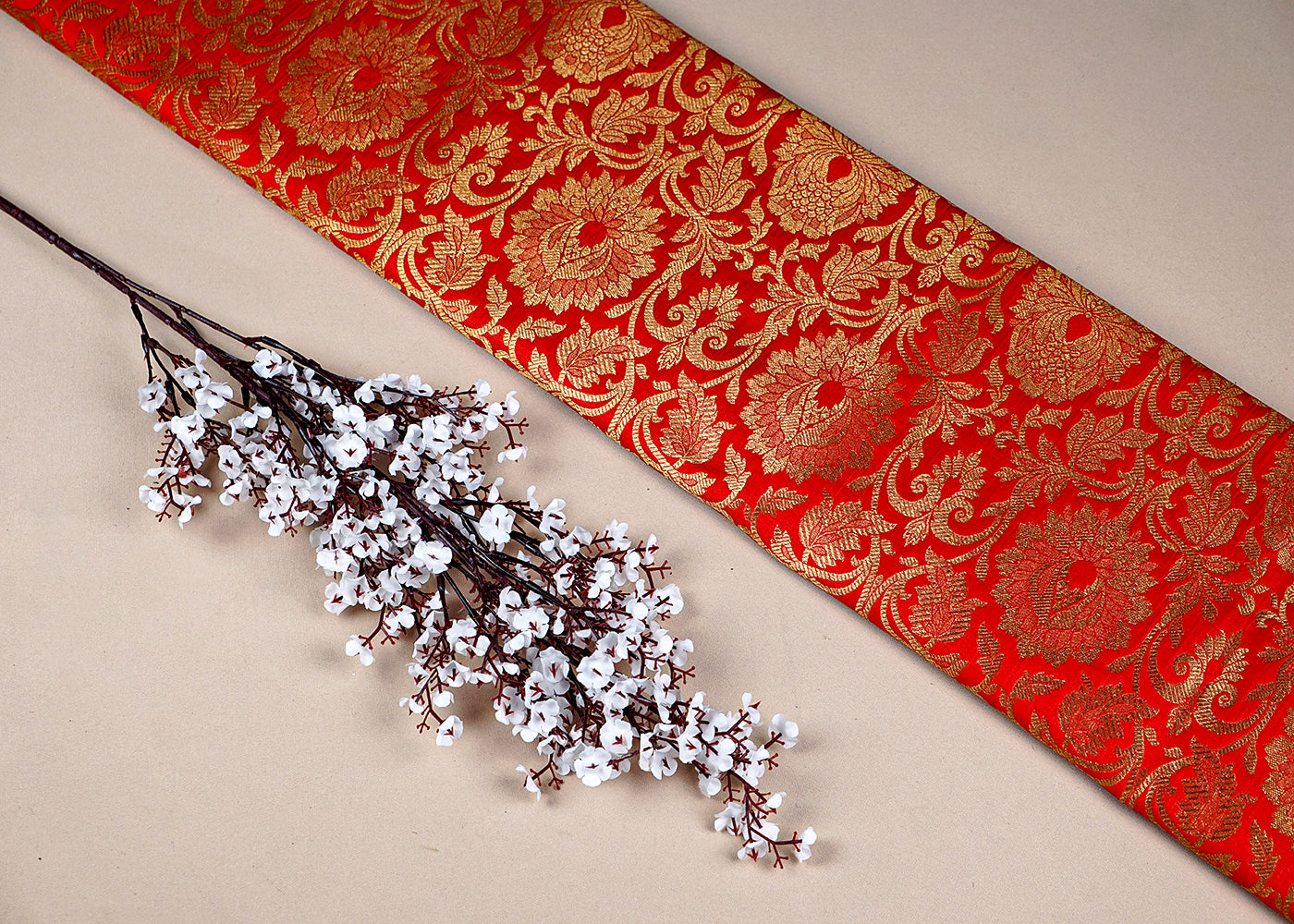 Red Banarasi Brocade Fabric With All Over Golden Zari Handloom 16342