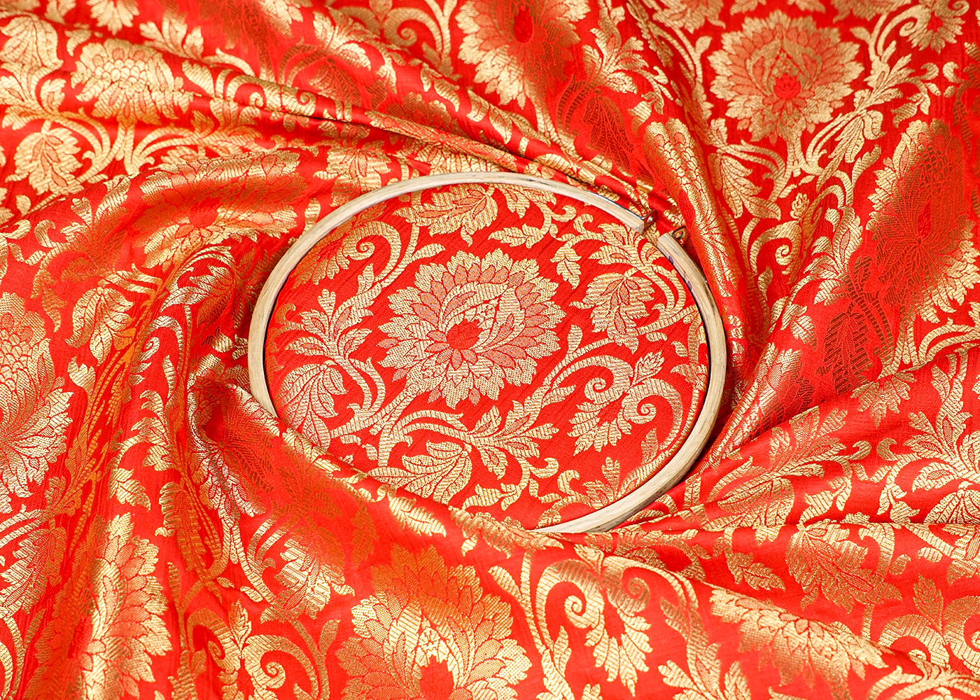 Red Banarasi Brocade Fabric With All Over Golden Zari Handloom 16342