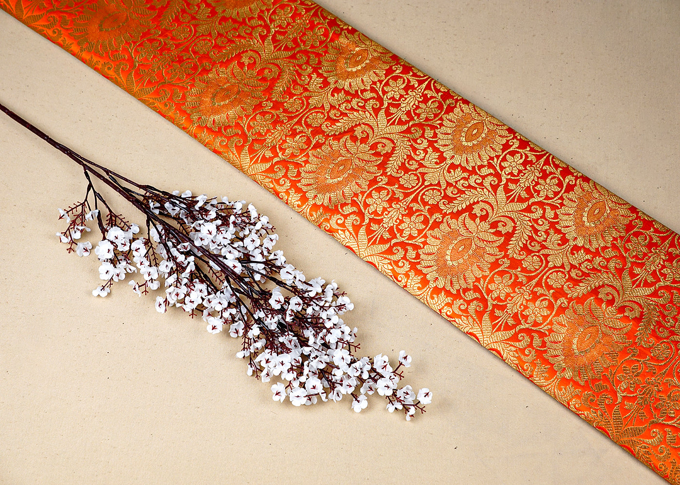 Orange Banarasi Brocade Fabric With All Over Golden Zari Handloom 16343