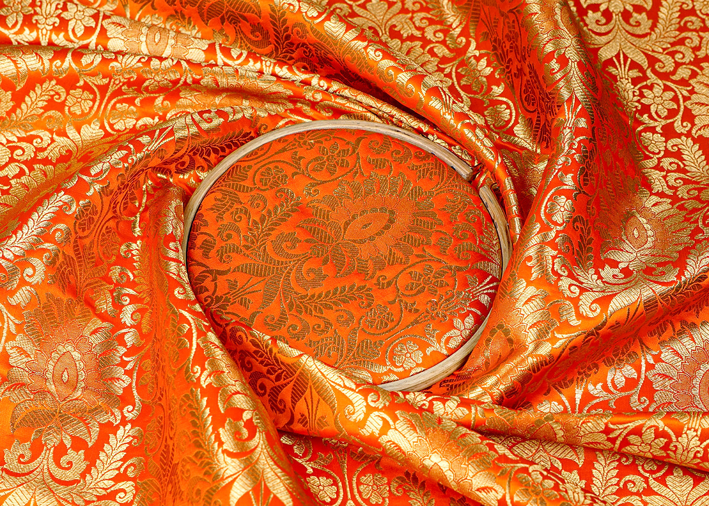 Orange Banarasi Brocade Fabric With All Over Golden Zari Handloom 16343