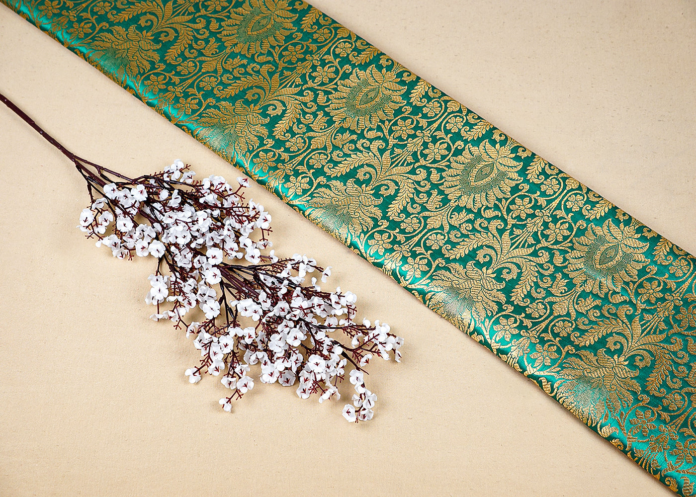 Green Banarasi Brocade Fabric With All Over Golden Zari Handloom 16344