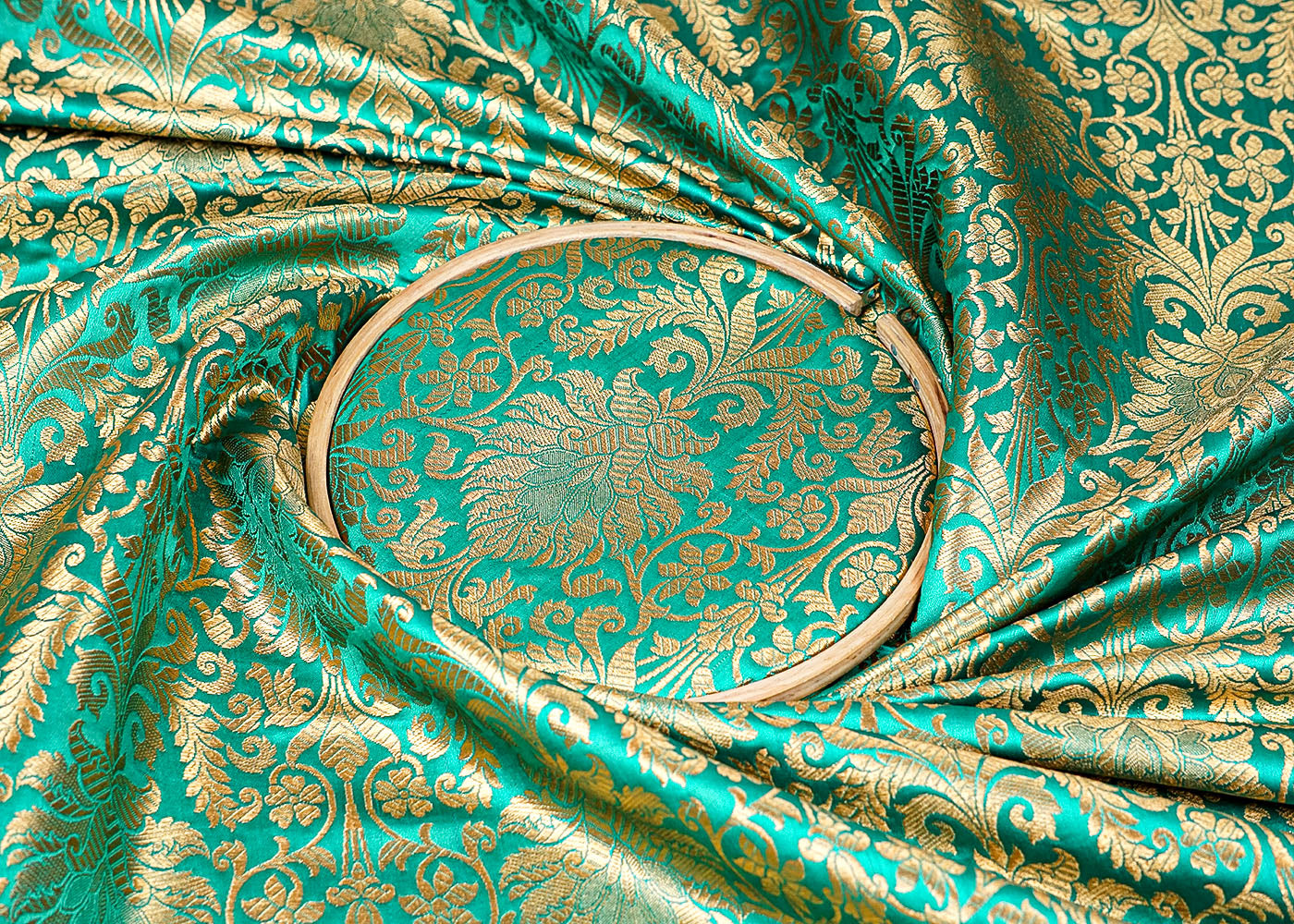Green Banarasi Brocade Fabric With All Over Golden Zari Handloom 16344