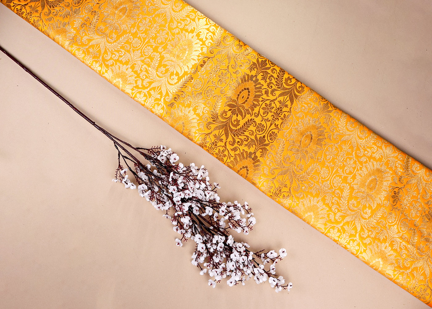 Yellow Banarasi Brocade Fabric With All Over Golden Zari Handloom 16345