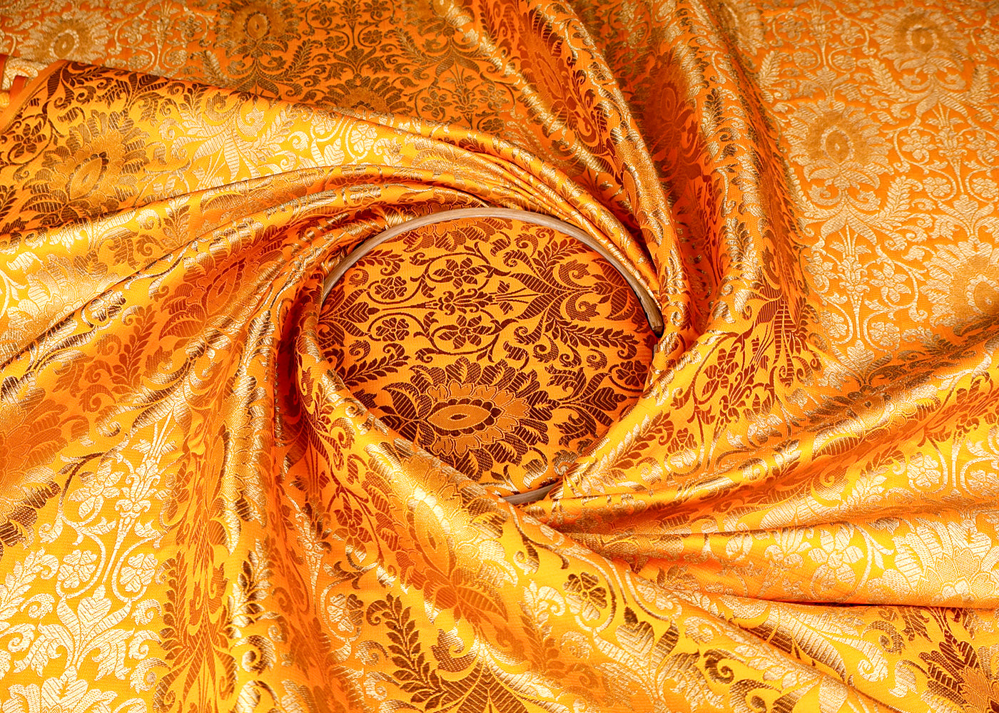 Yellow Banarasi Brocade Fabric With All Over Golden Zari Handloom 16345