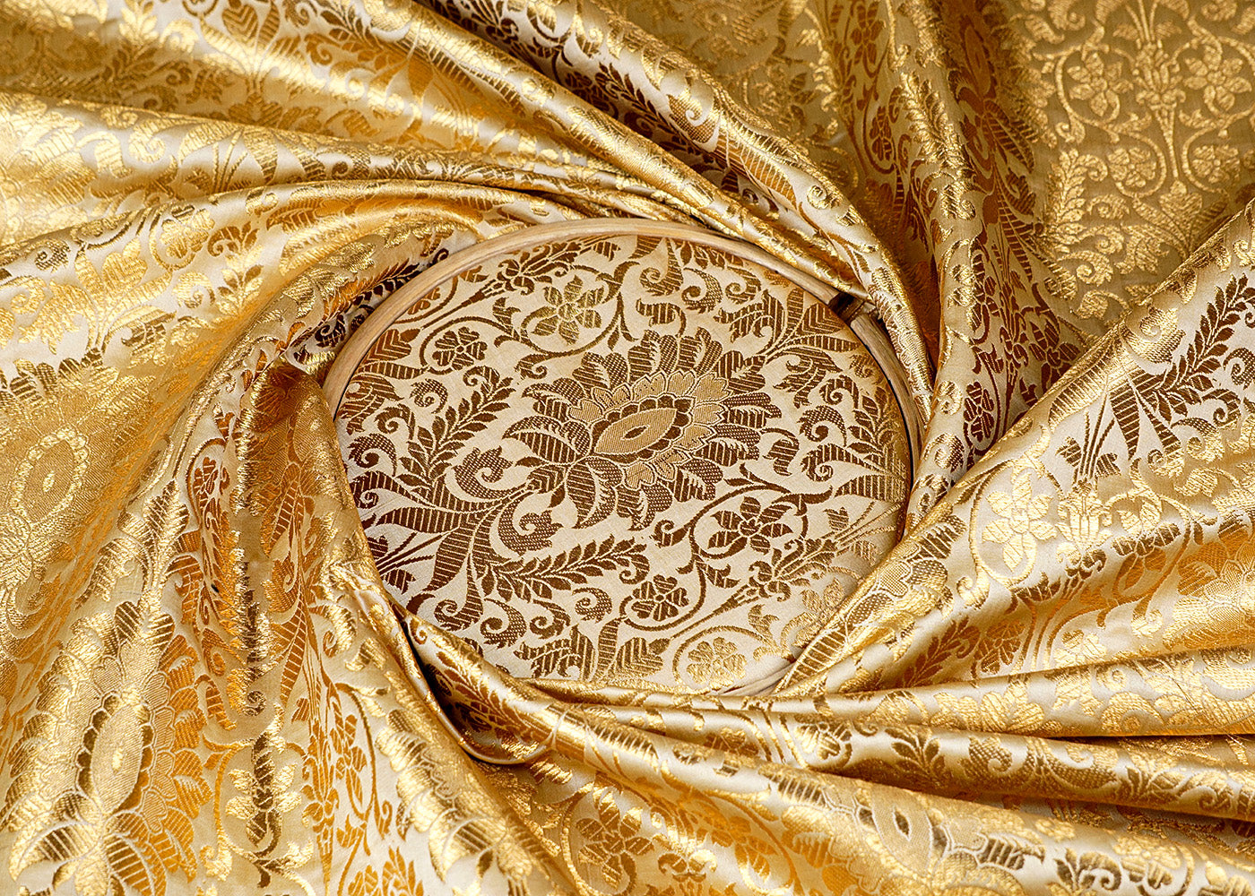 Golden Banarasi Brocade Fabric With All Over Golden Zari Handloom 16346