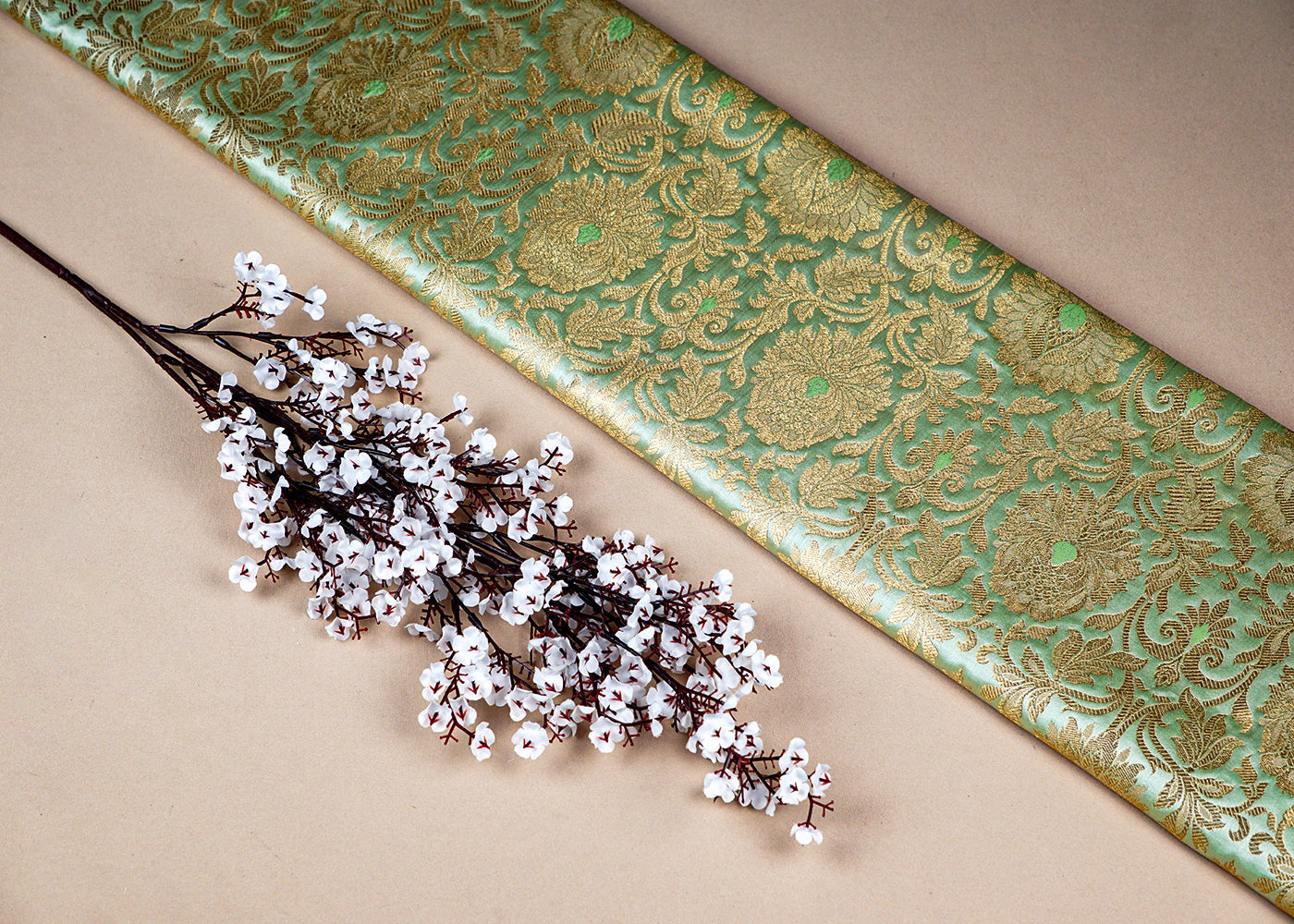 Pista Banarasi Brocade Fabric With All Over Golden Zari Handloom 16347