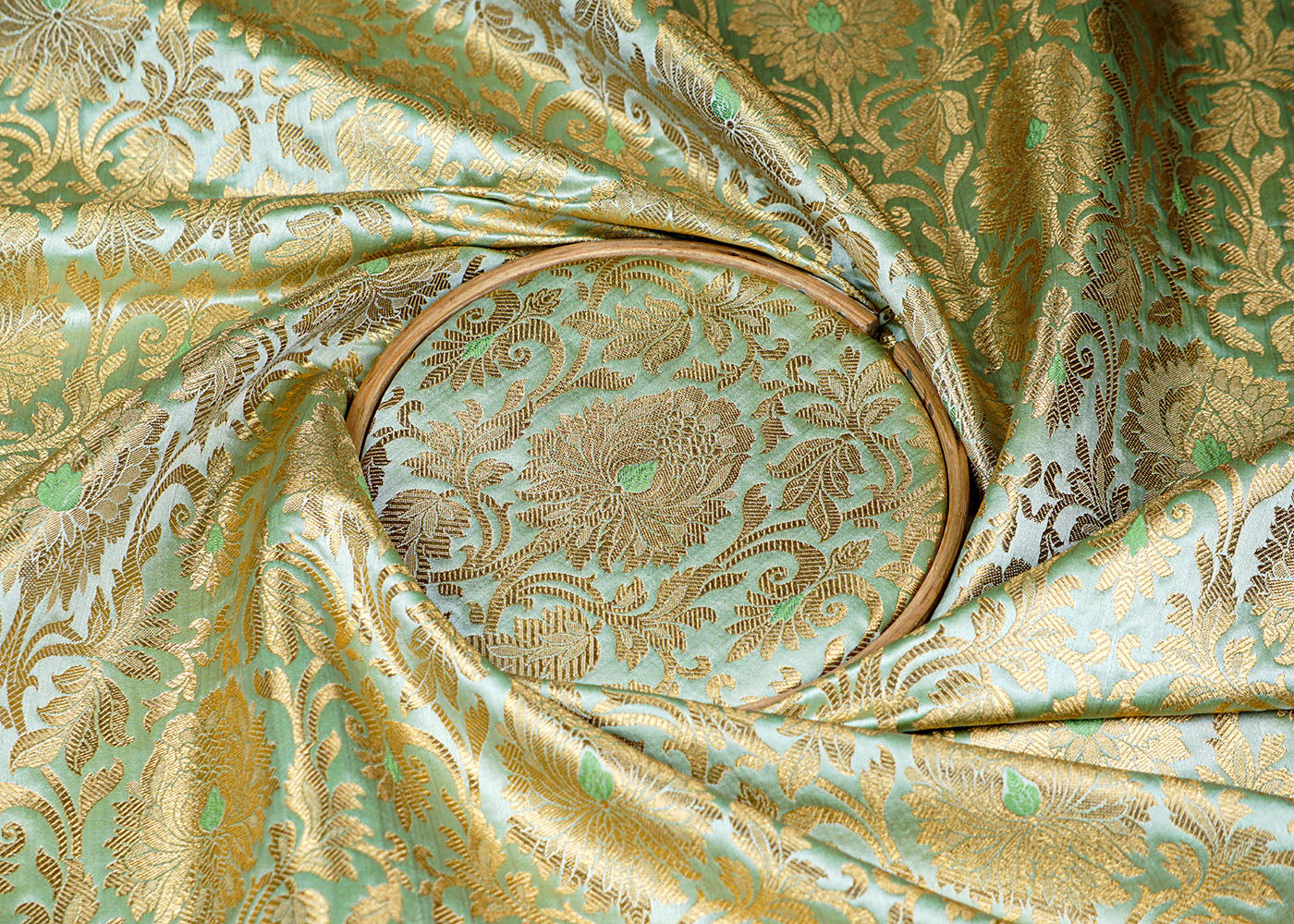 Pista Banarasi Brocade Fabric With All Over Golden Zari Handloom 16347