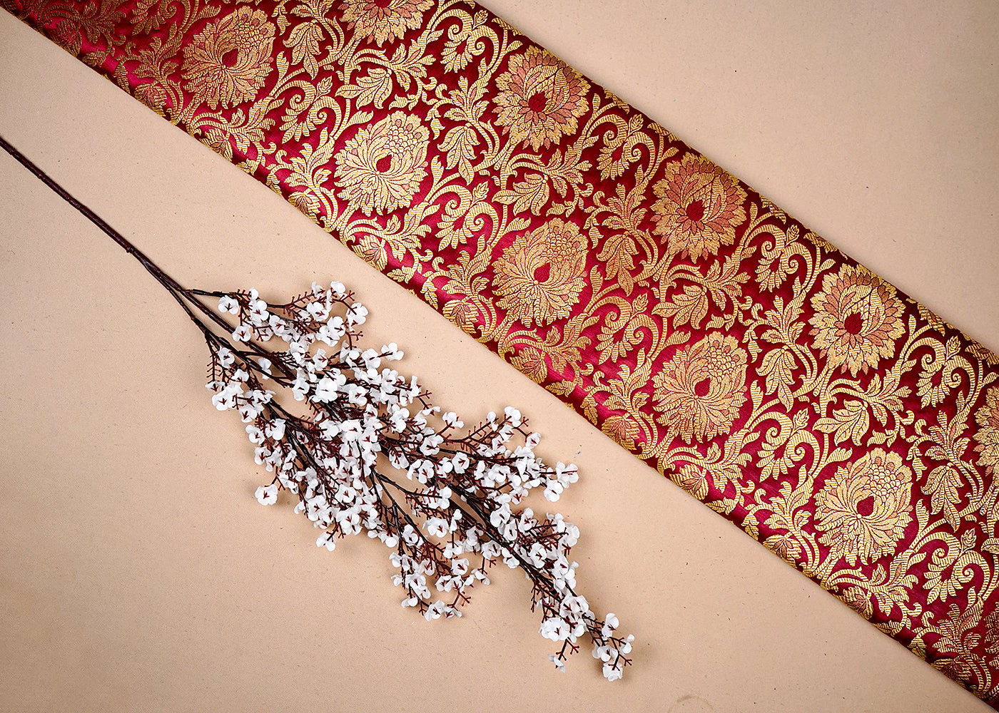 Maroon Banarasi Brocade Fabric With All Over Golden Zari Handloom 16348