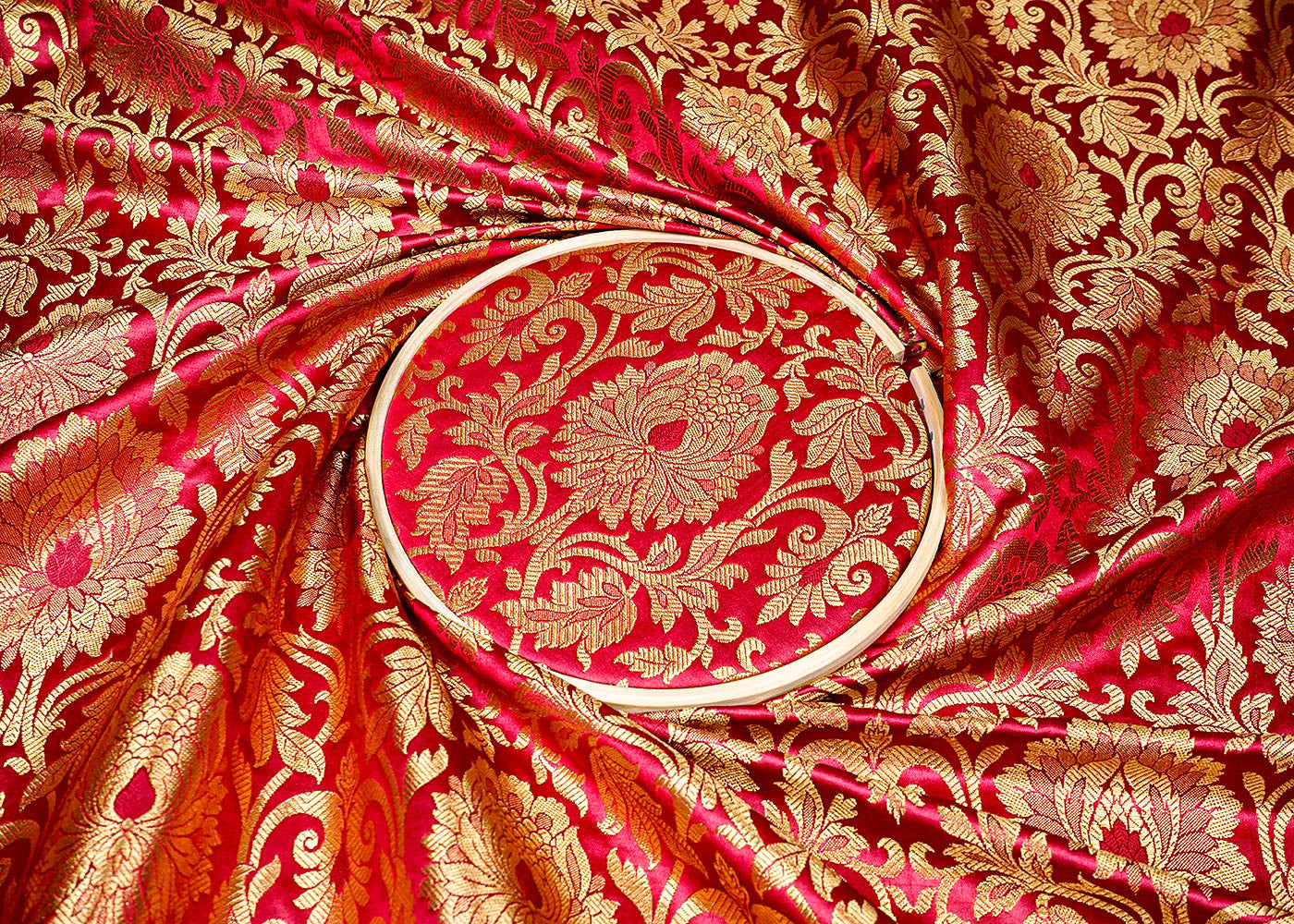 Maroon Banarasi Brocade Fabric With All Over Golden Zari Handloom 16348
