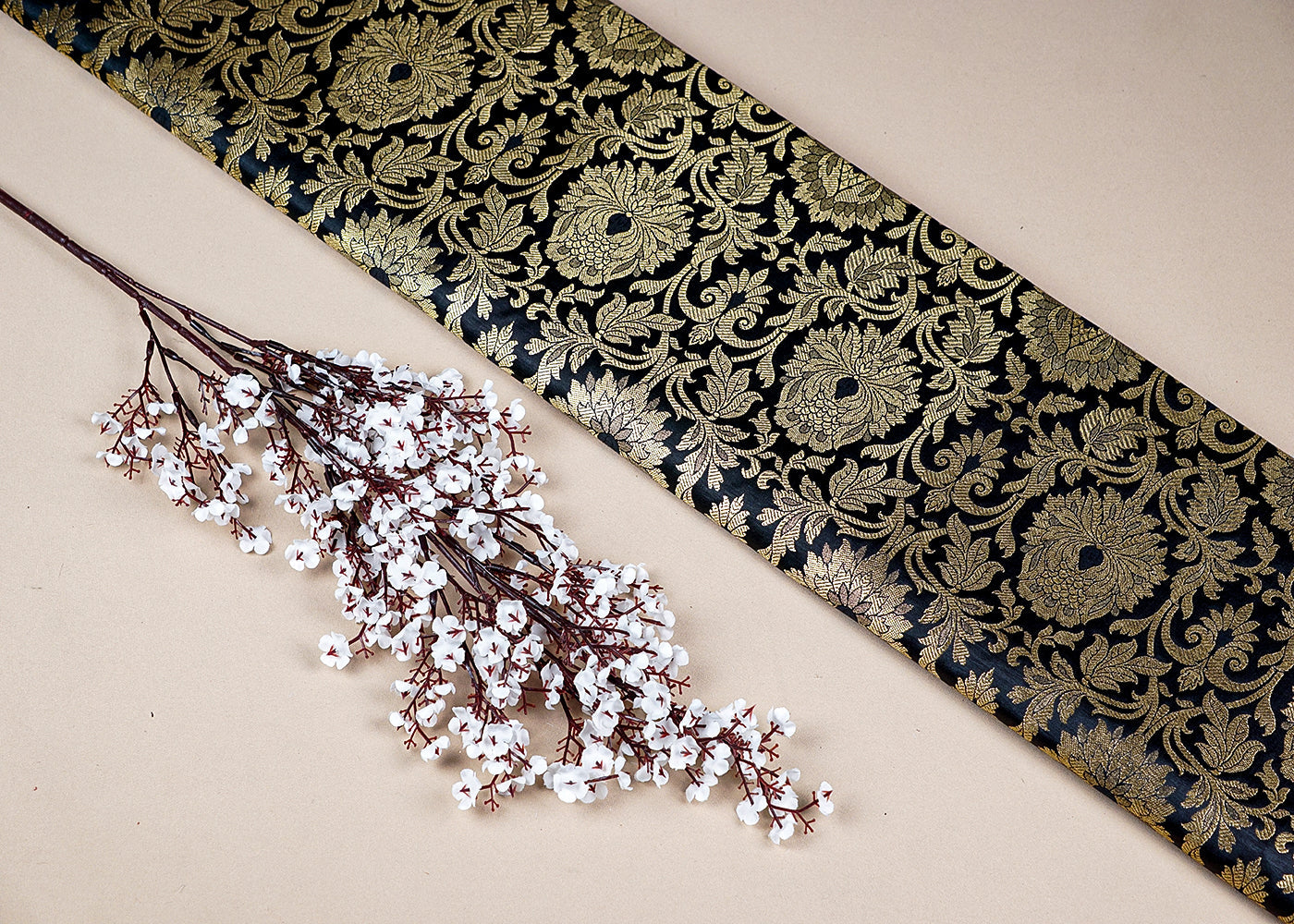 Black Banarasi Brocade Fabric With All Over Golden Zari Handloom 16349