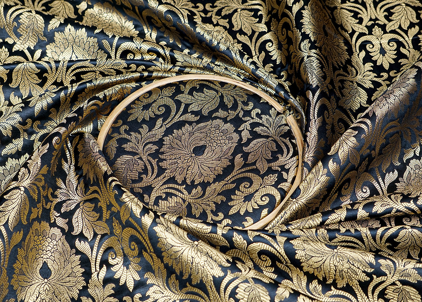 Black Banarasi Brocade Fabric With All Over Golden Zari Handloom 16349