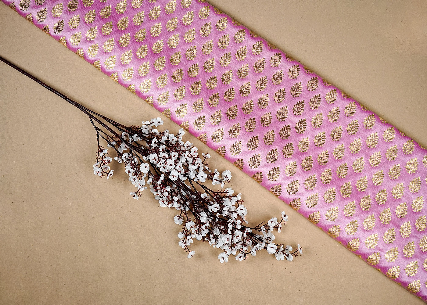 Light Pink  Banarasi Brocade Fabric With All Over Golden Zari Handloom 16351