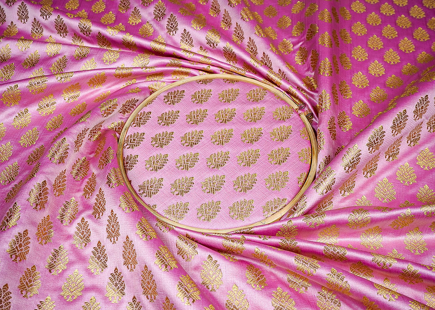 Light Pink  Banarasi Brocade Fabric With All Over Golden Zari Handloom 16351