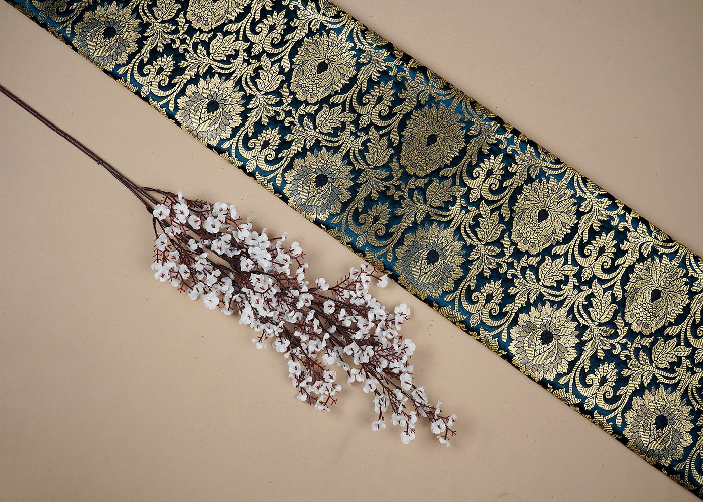 Navy Blue Banarasi Brocade Fabric With All Over Golden Zari Handloom 16352