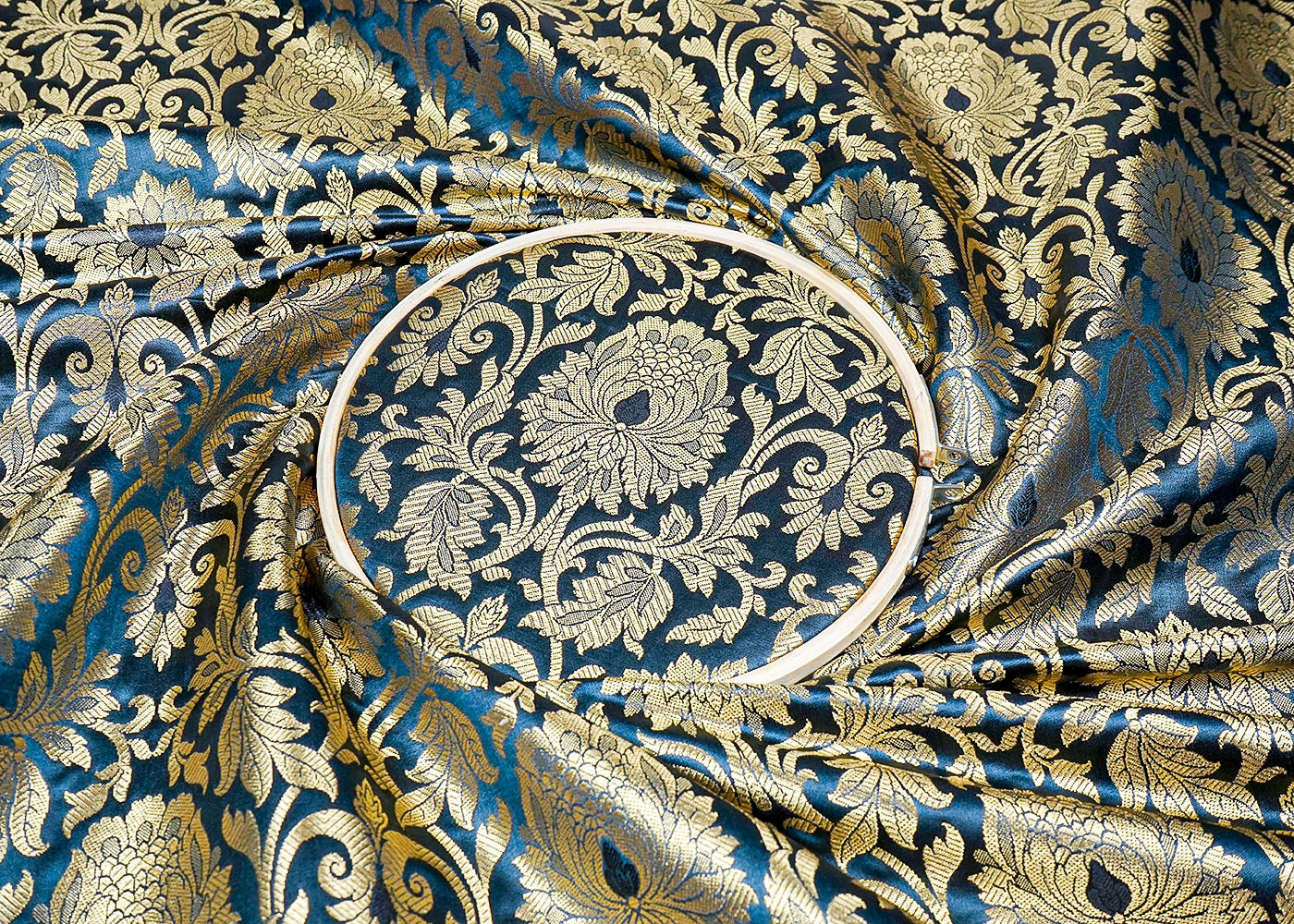 Navy Blue Banarasi Brocade Fabric With All Over Golden Zari Handloom 16352