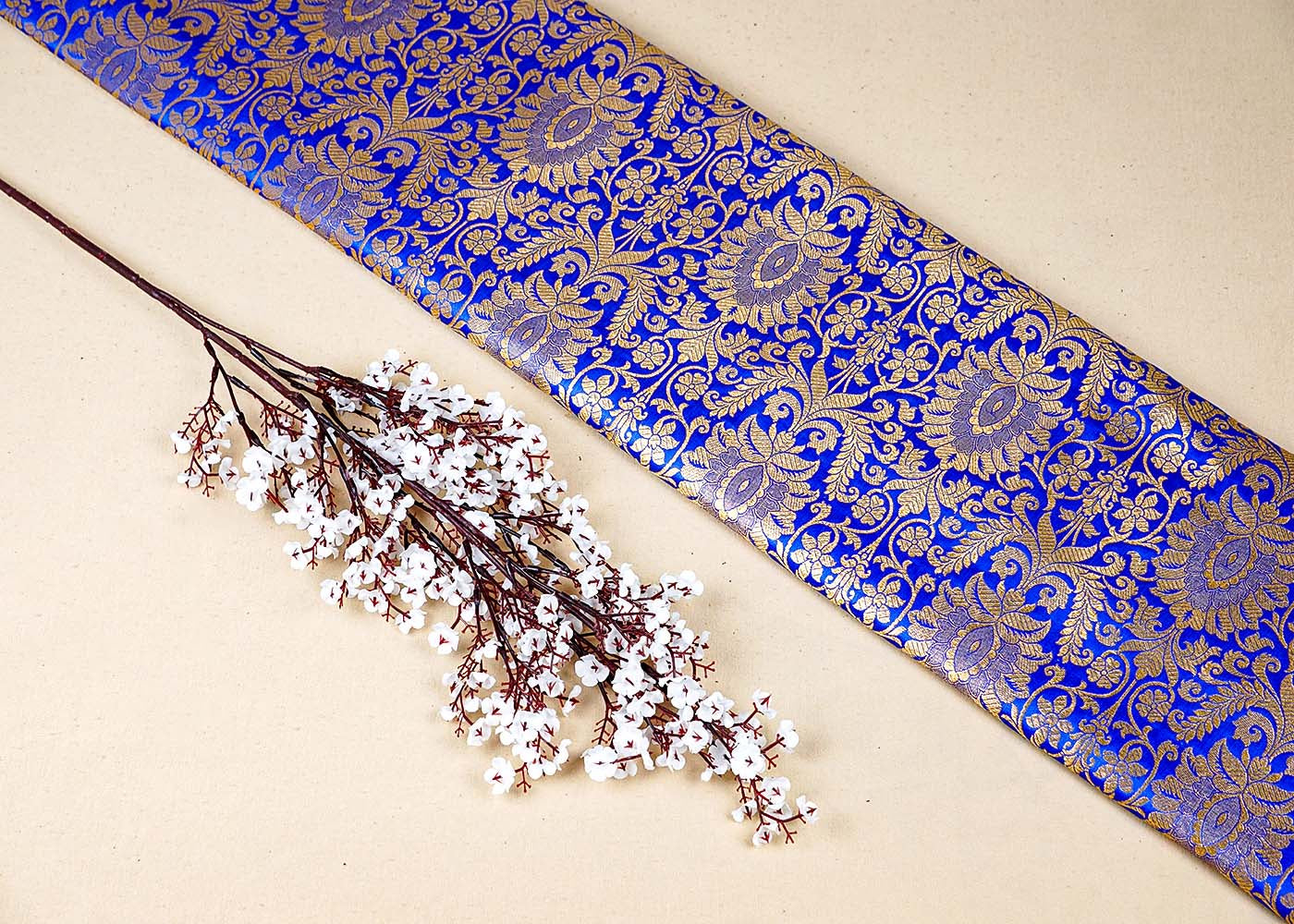 Royal Blue Banarasi Brocade Fabric With All Over Golden Zari Handloom 16353